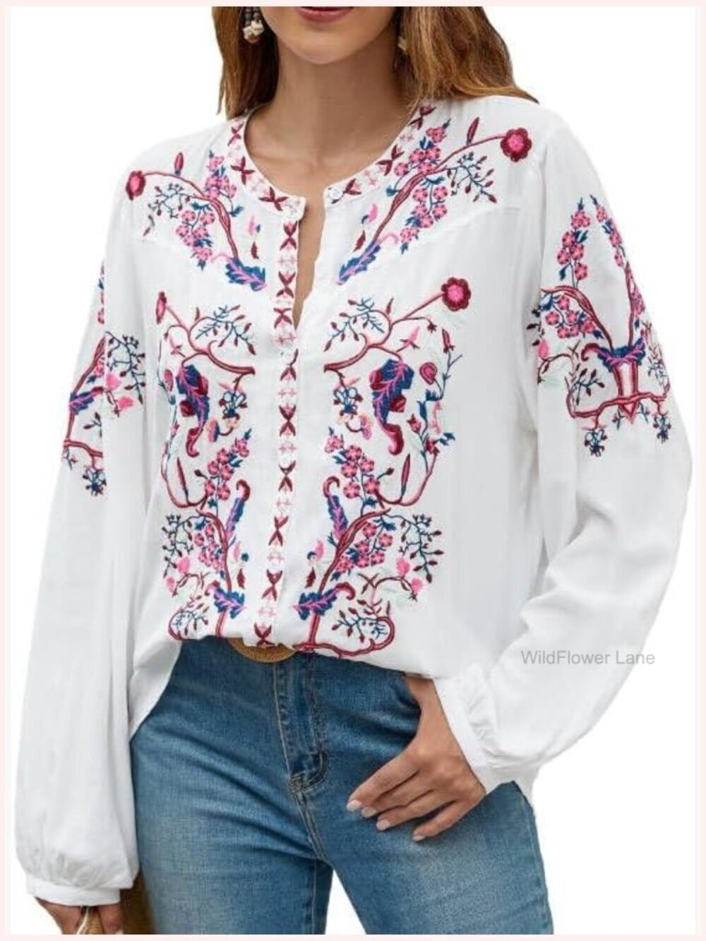 Embroidered Tunic Long Sleeve V-Neck Blouse Boho Peasant Top